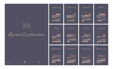 Lunar calendar, lunar monthly cycle planner for 2026 year template. Astrology, astronomical lunar sphere shadow, whole cycle from new to full moon calendar banner, card vector illustration