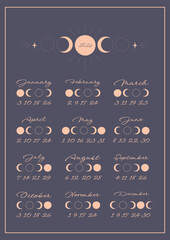 Lunar calendar, lunar monthly cycle planner for 2026 year template. Astrology, astronomical lunar sphere shadow, whole cycle from new to full moon calendar banner, card vector illustration