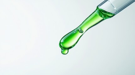 Fototapeta premium Closeup of Green skincare,A drop of transparent cosmetic gel on a green background,product liquid bubble,serum drops scattered ,Collagen gel,Aloe Vera cosmetic gel,The concept of natural cosmetics.