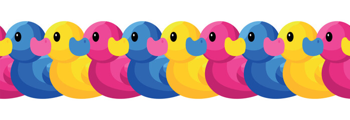 Rubber duck toys set in different colours. Seamless border. Flat cartoon style vector illustration