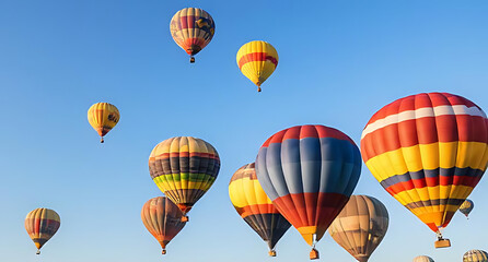 Obraz premium Colorful Hot Air Balloons Floating in a Clear Blue Sky