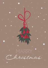 Postcard with mistletoe branches, berries and red bow on a light background. Vector illustration