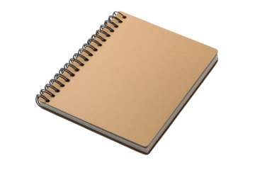 A simple brown spiral notebook resting on a white surface ready for creative thoughts and sketches isolated on transparent background