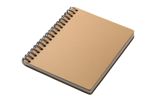 A simple brown spiral notebook resting on a white surface ready for creative thoughts and sketches isolated on transparent background