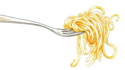 Spaghetti on fork,Watercolor of spaghetti rolled on a fork. Pasta and spaghetti,on white background,italian pasta spaghetti rolled on a silver fork,cooking ingredient.