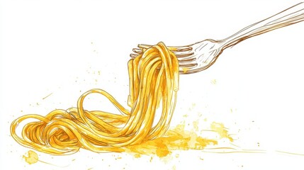 Spaghetti on fork,Watercolor of spaghetti rolled on a fork. Pasta and spaghetti,on white background,italian pasta spaghetti rolled on a silver fork,cooking ingredient.