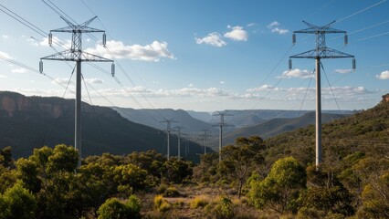 A landscape of transmission towers and power lines traversing hills and trees.