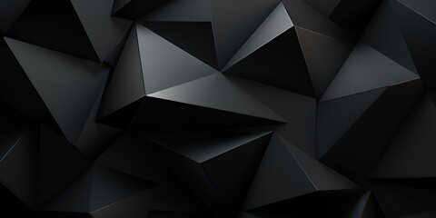 Black geometric pattern background, in a dark gray color, with three-dimensional triangular elements. bokeh background