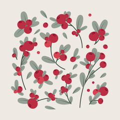 Christmas  decorative branch with leaves and red berries. Perfect for seasonal gift paper, textile, celebration design. Vector illustration