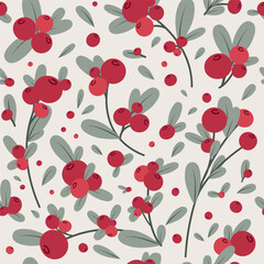 Christmas seamless pattern decorative branch with leaves and red berries. Perfect for seasonal gift paper, textile, celebration design. Vector illustration