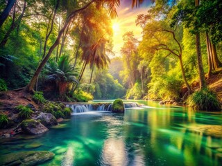 Obraz premium Lush Jungle River, Vibrant Waterscape - Vintage Long Exposure Photography