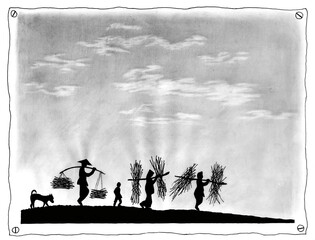 Vietnamese Rural Landscape: Traditional Harvest Silhouettes