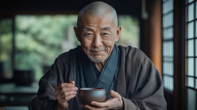 In a serene temple surrounded by nature, an elderly monk holds a warm bowl of tea, reflecting on moments of calm and mindfulness