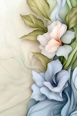 Obraz premium Floral Symphony: Gentle pastel hues and flowing forms characterize a delicate and artistic floral arrangement, featuring detailed blossoms and elegant leaves.
