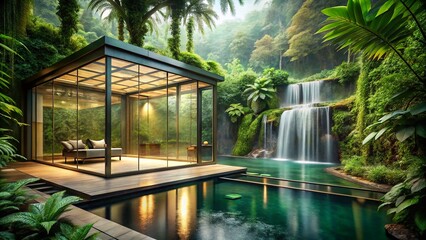 Lush Rainforest Spa Retreat: Glass-Walled Serenity Amidst Tropical Greenery