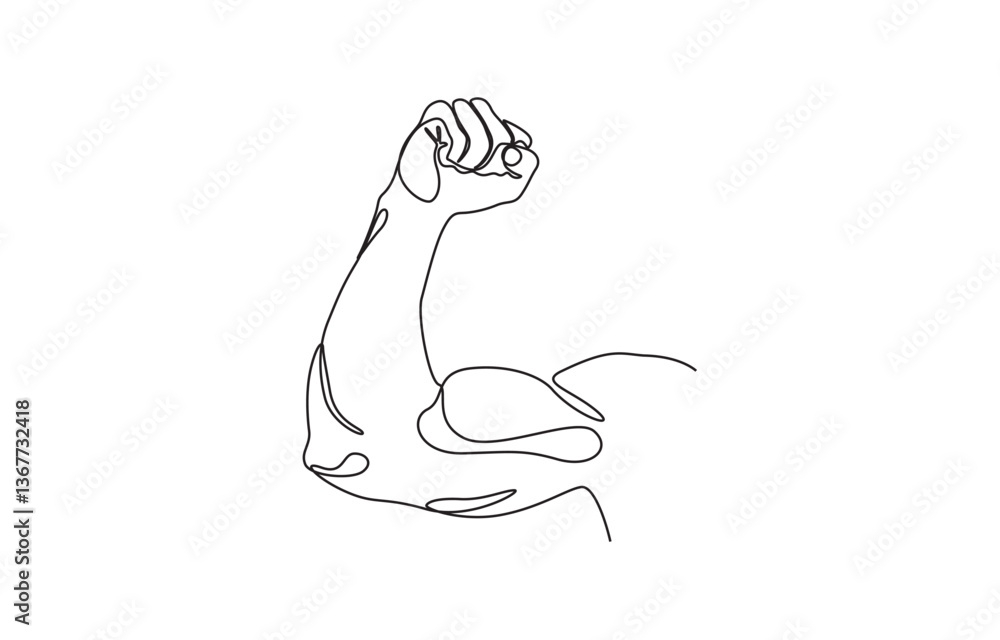 Aufkleber arm shows bicep fist. continuous one line vector, man's hand shows a fist on the biceps in line styl