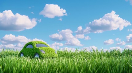 A green, grass-shaped car sits in a field under a bright blue sky adorned with fluffy clouds, Green Technology.