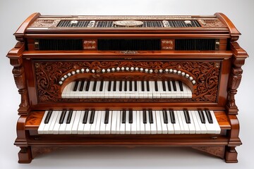 A Vintage Harmonium Keyboard with Intricate Wooden Carvings in Fine Detail