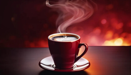 Obraz premium Elegant red cup of hot black coffee. Close up. 