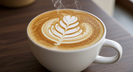温かいカフェラテ、繊細なラテアート、優しい光で輝く一杯