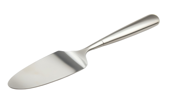 A sleek stainless steel cake server resting elegantly against a pure white background isolated on transparent background
