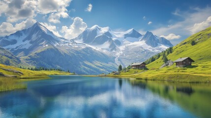 Fototapeta premium A serene alpine landscape with rolling green hills, a tranquil lake reflecting snow-capped mountains