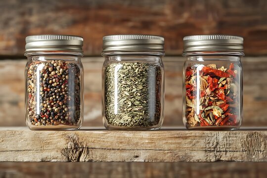 Three Glass Spice Jars on Rustic Wooden Shelf