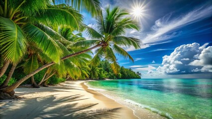 Lush Tropical Paradise Island Beach: Sunlit Azure Waters & Palm Trees