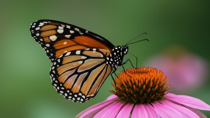 Fototapeta premium Macro photo of a Monarch butterfly on a purple Echinacea flower.