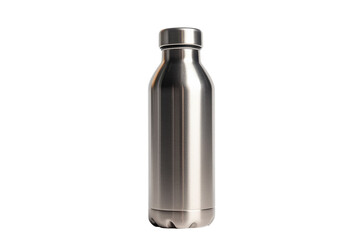 A shiny stainless steel water bottle standing elegantly against a minimalistic backdrop isolated on transparent background