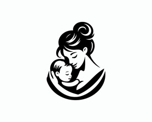 Happy Mother's Day Logo Design Template. Loving Family with Mother and Baby Silhouette Vector Illustration