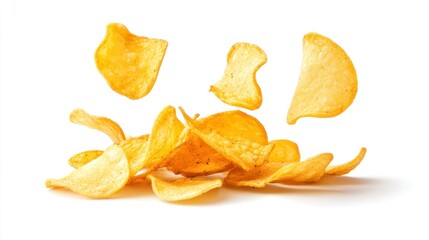 Fototapeta premium Pile of Crispy Potato Chips Falling on White Background Still Life