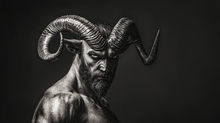 Fototapeta premium The Majestic Minotaur: A Black and White Portrait of Mythological Power