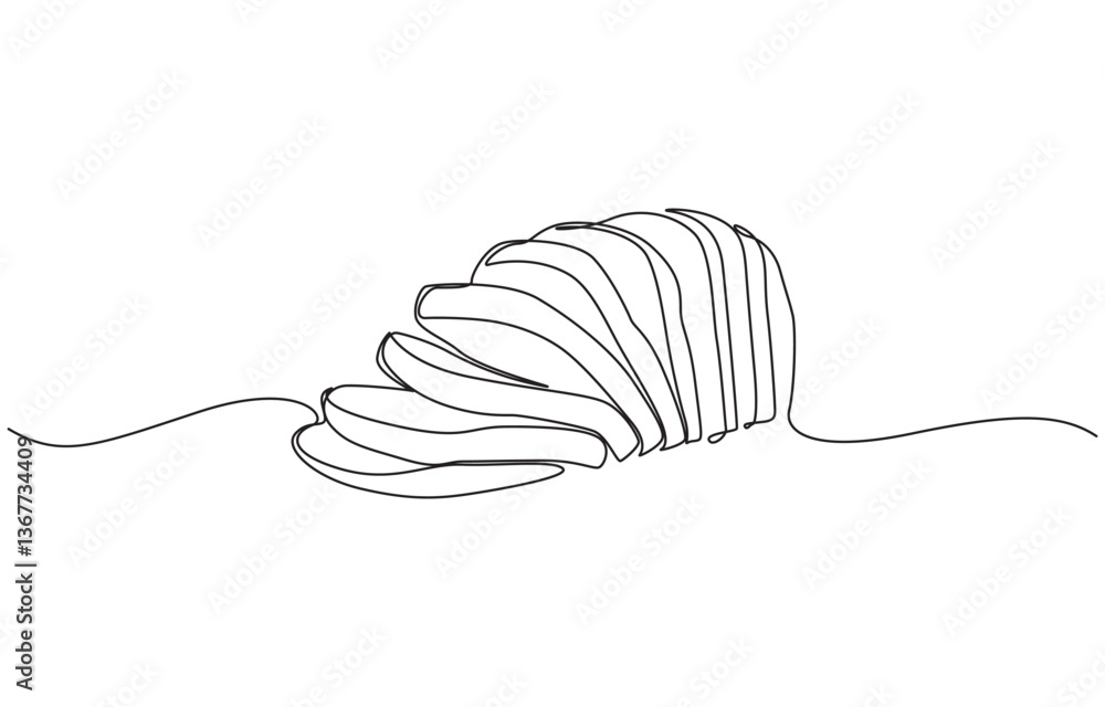 Poster continuous line drawing of a slice of bread. minimalist design for bakery, fresh breads one line con