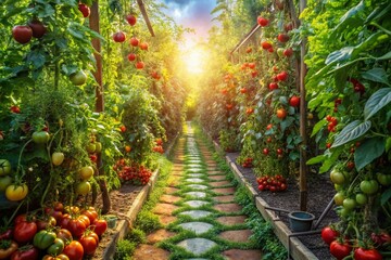 Obraz premium Lush Vegetable Garden Path: Vibrant Summer Produce Row