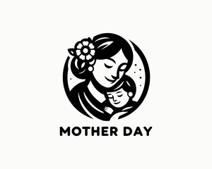 Happy Mother's Day Logo Design Template. Loving Family with Mother and Baby Silhouette Vector Illustration