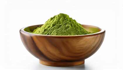 Matcha green tea powder in wooden bowl isolated on white background