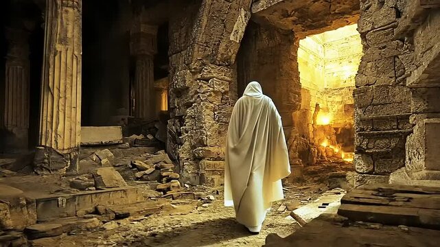 Mysterious figure in a flowing cloak exploring ancient ruins with golden light illuminating the scene