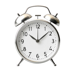 Stylish modern alarm clock captured in photorealistic detail, minimalist digital interface, isolated transparent PNG, clearly readable English text.