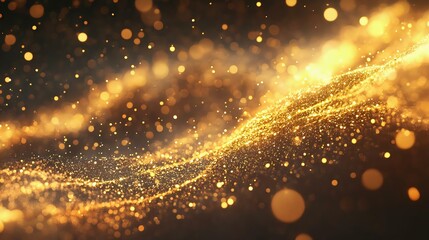 Obraz premium Beautiful golden abstract wave with sparkling particles creating a mesmerizing background. Ideal for festive themes, luxury, and elegance.