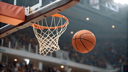 Fototapeta premium High-speed moment of a basketball near the rim during a game, illustrating the anticipation of scoring points in a professional sports setting