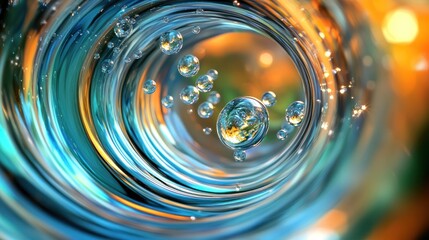 Abstract swirling liquid with bubbles, vibrant colors, bokeh background.  Possible use  science, education, beauty, or design inspiration
