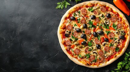 Delicious Pizza with Sausage Olives and Mushrooms on Dark Background