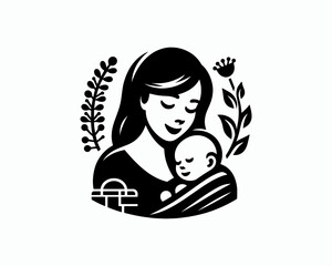 Happy Mother's Day Logo Design Template. Loving Family with Mother and Baby Silhouette Vector Illustration