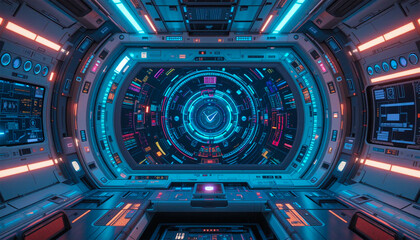 Fototapeta premium Abstract Blue Digital Interface With Holographic Elements And Glowing Circles For Technology Futuristic Design Background