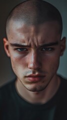 Fototapeta premium A close-up portrait of a serious young man with a shaved head and intense gaze. Emotion and character are highlighted in the lighting.
