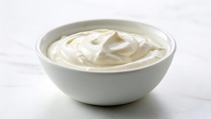 Thick and Creamy Sour Cream in a White Bowl on a White Background for Dairy and Cooking Use  
