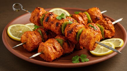 Delicious chicken tikka skewers with lemon and green peppers on brown plate.