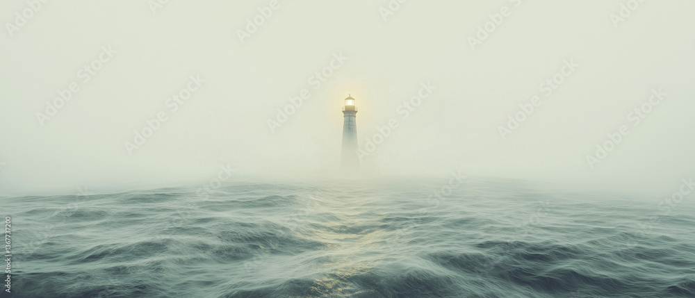 Poster misty ocean scene with lighthouse casting warm light through fog, evoking sense of calm and guidance