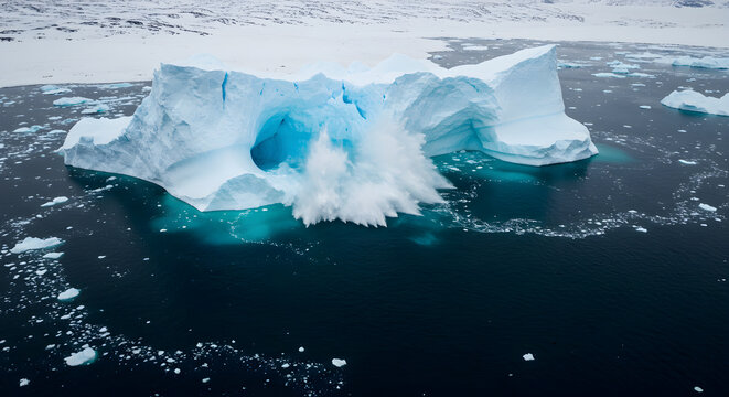 Dramatic iceberg calving event in arctic waters creating splashes and icy debris
